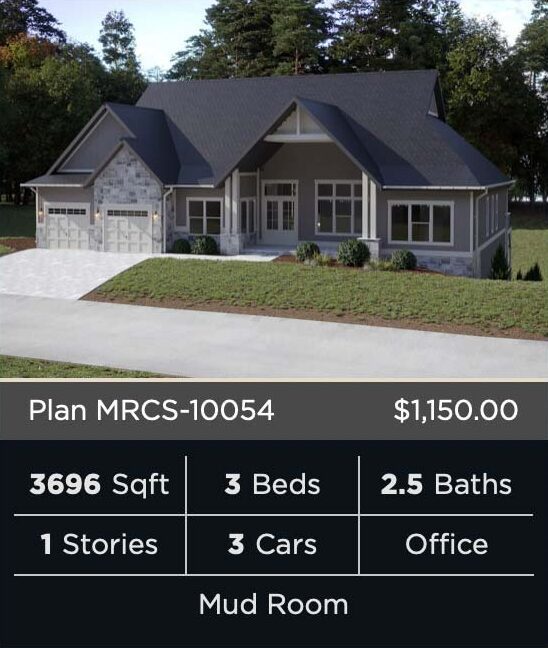 A two-story, craftsman-style house with a gray exterior, black roof, and a prominent front porch. The house features large windows, a detached garage, and is surrounded by lush greenery and trees. The image also includes details about the home's floor plan, including 3 bedrooms, 2.5 bathrooms, and a mud room.