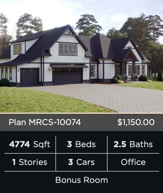 A large, two-story luxury home with a black roof, white exterior, and multiple dormers. The home features a three-car garage, a front porch, and is surrounded by lush trees and greenery. The image also includes details about the home's floor plan, including 4,774 square feet, 3 bedrooms, 2.5 bathrooms, and a bonus room.