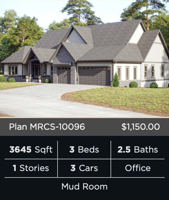 A large, two-story craftsman-style house with a gray shingled roof, white siding, and a prominent front porch. The house is surrounded by mature trees and has a paved driveway leading up to a three-car garage. The image also includes details about the house plan, including the square footage, number of bedrooms and bathrooms, and additional features like a mud room.